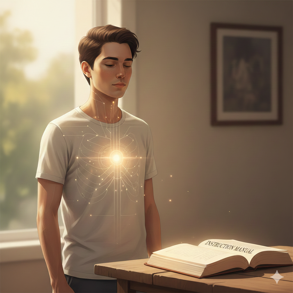 A person discovering their life purpose through a glowing "Instruction Manual" book.