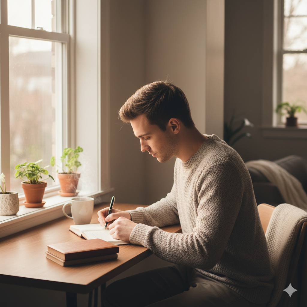 A peaceful editorial photograph of a man journaling by a window in natural light, symbolizing the journey of discovering your purpose through reflection, mental clarity, and intentional living.