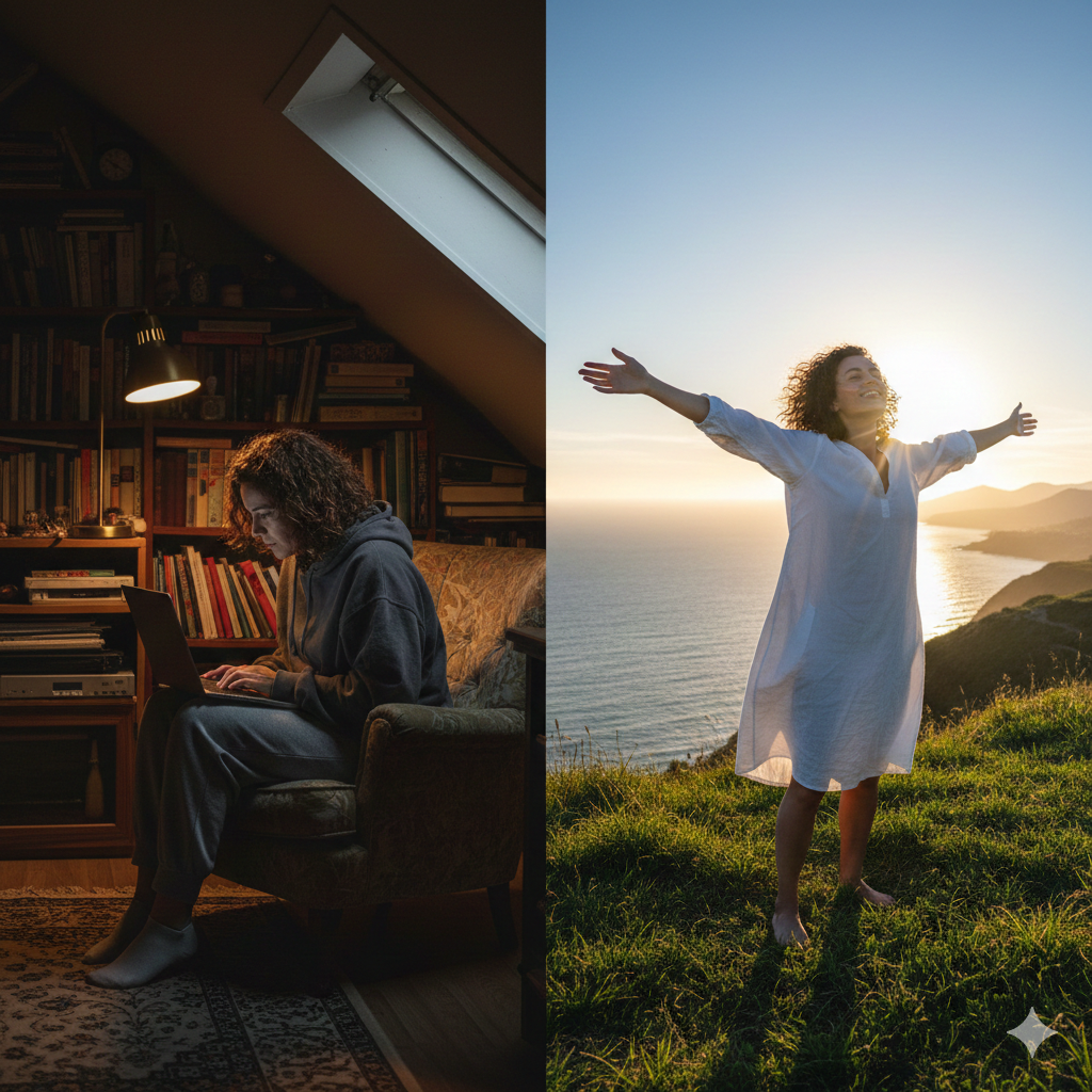 A split-screen image illustrating a journey to find purpose: a woman sits feeling stuck in a dark, cramped room, versus the same woman standing empowered in a bright, expansive coastal landscape.